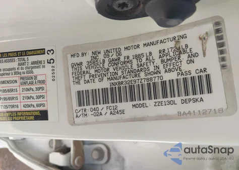 2007 Toyota Corolla Ce/Le/S z USA, uszkodzony, nr VIN 1NXBR32E972788770